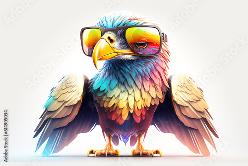 Cartoon colorful eagle with sunglasses on white background. Created with generative AI