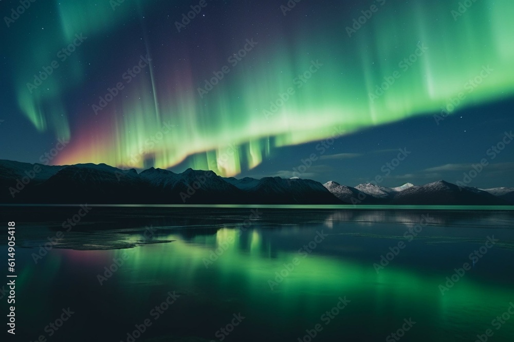Blue aurora borealis reflected in water creates a stunning northern lights background with ample copy-space. Generative AI