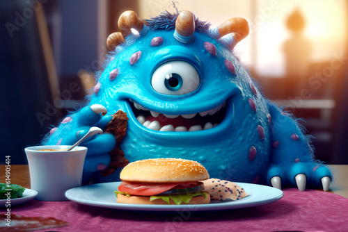 Cute burger lover. Gluttony. Generative AI. Burger day. Funny blue monster overeats fast food. Illustration for children's menu, pizzeria, article, cartoon, cover. Cartoon with junk food concept