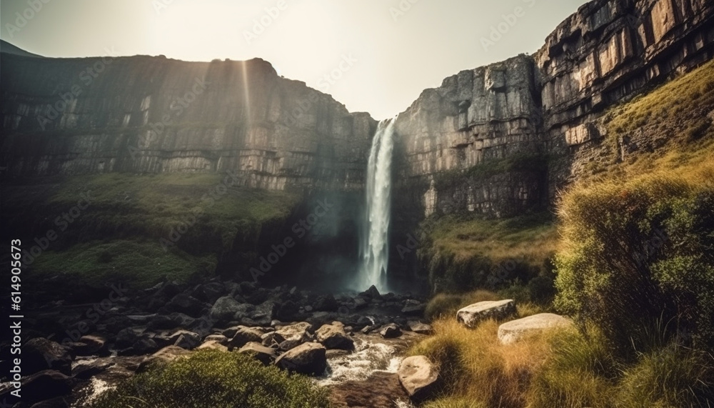 Fototapeta premium Majestic mountain range, tranquil scene, flowing water, natural beauty generated by AI