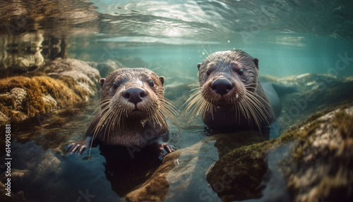 A playful seal looking at camera in tranquil arctic waters generated by AI