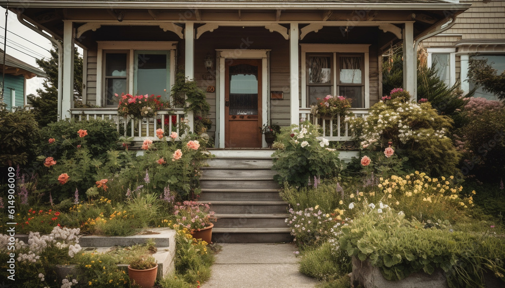 A rustic cottage with a multi colored flower pot on the porch generated by AI
