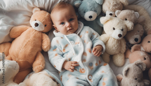 A cheerful child embraces a cute teddy bear in bed generated by AI