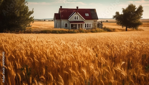 Ripe wheat fields glow in tranquil sunset, autumn harvest beauty generated by AI