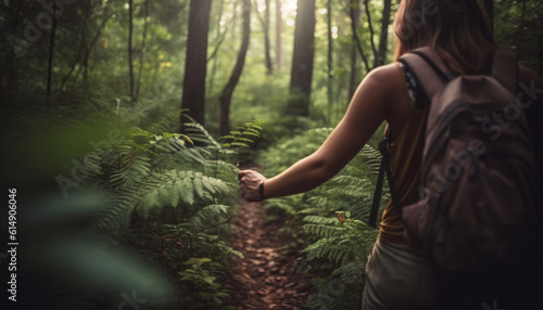 One woman backpacking through lush green forest, enjoying nature beauty generated by AI