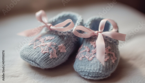 Newborn first shoes, handmade with love, a family celebration generated by AI