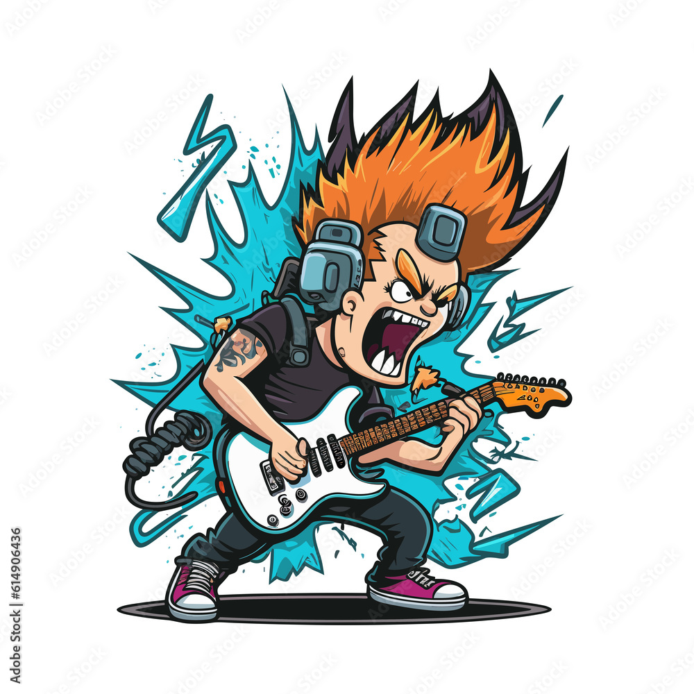 A person playing an electric guitar: Funny Cartoon Design - Rockin Illustration A person playing an electric guitar: Funny Cartoon Design - Rockin Illustration