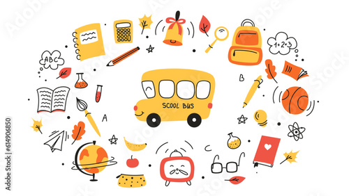  set of doodles elements for school, doodle school, school theme, school doodles, inscription in a notebook, training, lessons, time for training, Set of school tools, set of education icons