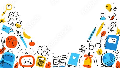 Background for school, school theme, school doodles, inscription in a notebook, training, lessons, time for training, Set of school tools, set of education icons, back to school