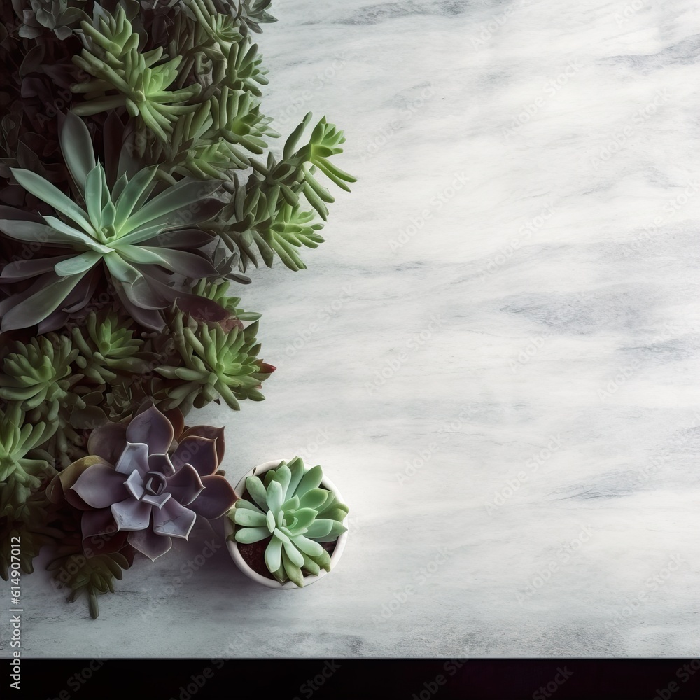 Empty table background with green succulents, botanical product placement background