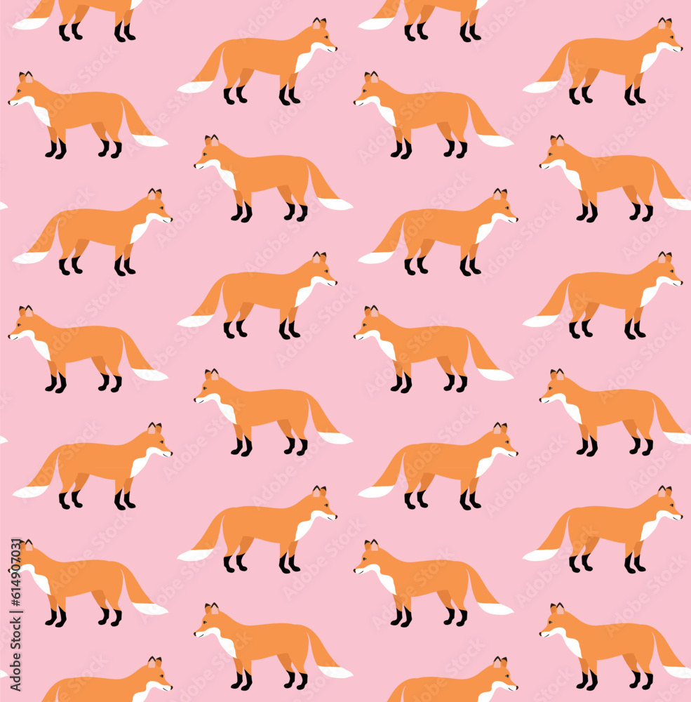 Vector seamless pattern of flat hand drawn fox isolated on pink background