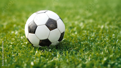 Soccer ball on the green field, close-up. Ai illustration, Generative AI © PaulSat