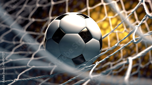 Soccer ball falling into the net. Goal, close-up. Ai illustration, Generative AI