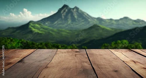 Conceptual illustration of an empty wooden table with green mountain background  Free space for product display. Created with generative Ai technology