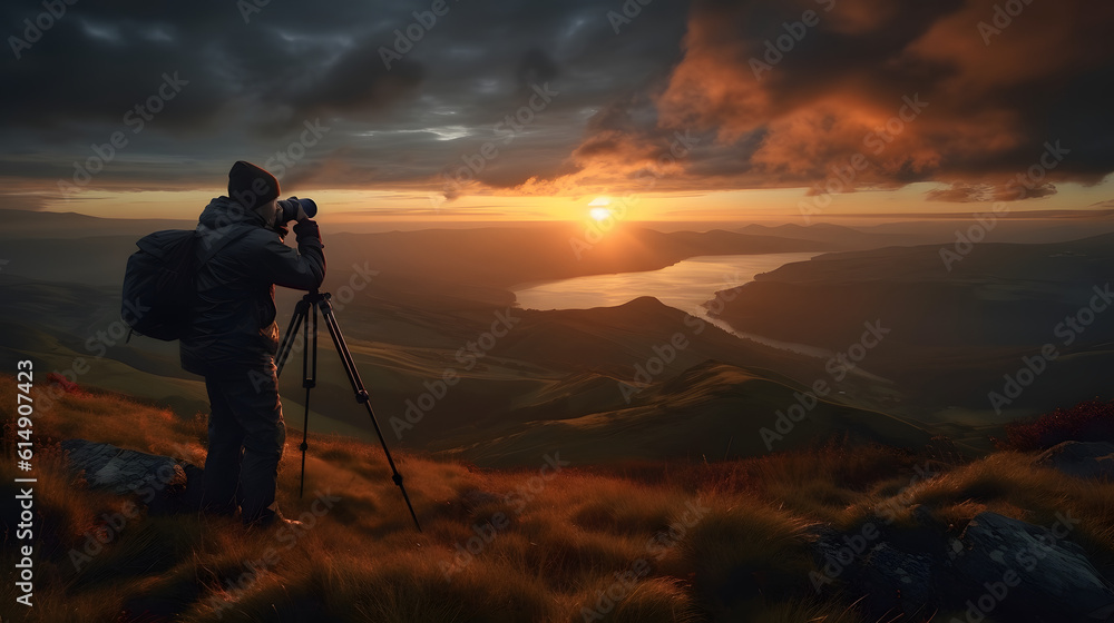 Feliz dia Mundial da Fotografia, Fotógrafo capturando uma paisagem épica do pôr do sol - IA Generativa