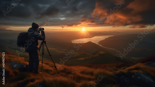 Feliz dia Mundial da Fotografia, Fotógrafo capturando uma paisagem épica do pôr do sol - IA Generativa © Augusto