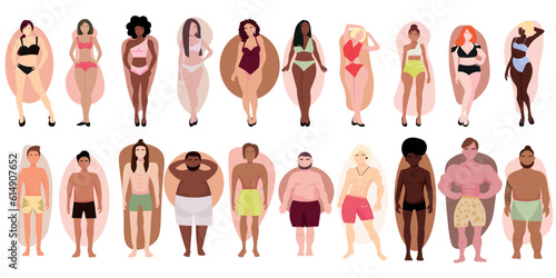 Set of people in underwear with different types of body shape on white background