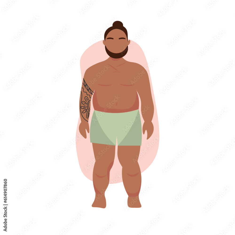 Stout Polynesian man in underwear on white background Stout Polynesian man in underwear on white background