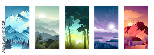 Set of beautiful landscapes on white background