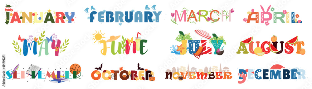 Names of different months of the year on white background - obrazy, fototapety, plakaty 
