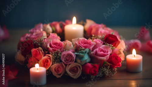 Romantic candlelight illuminates the elegance of a floral arrangement generated by AI