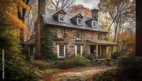 Tranquil autumn cottage nestled in historic rural landscape, surrounded by nature generated by AI