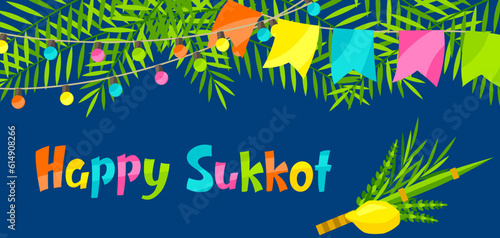 Happy Sukkot greeting card. Holiday background with Jewish festival traditional symbols.