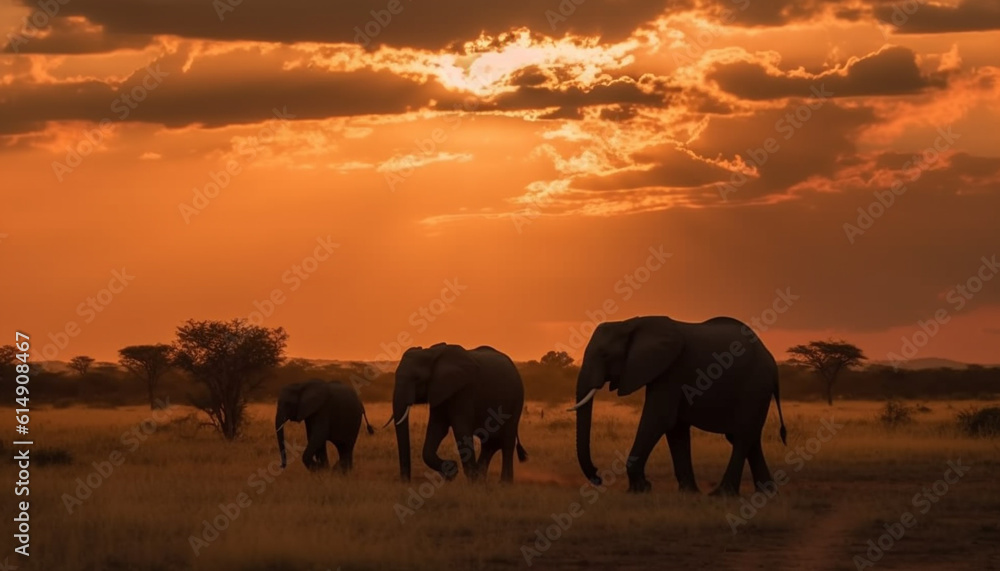 Obraz premium African elephant herd grazes at dusk in tranquil wilderness panorama generated by AI