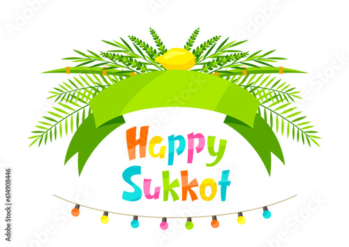 Happy Sukkot greeting card. Holiday background with Jewish festival traditional symbols.