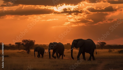 African elephant herd grazes at dusk in tranquil wilderness panorama generated by AI