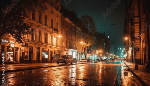 The illuminated city street reflects the famous architecture at night generated by AI © Stockgiu