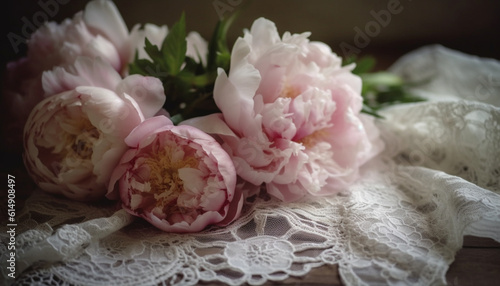 Fresh peony bouquet, a rustic composition of pink and yellow petals generated by AI
