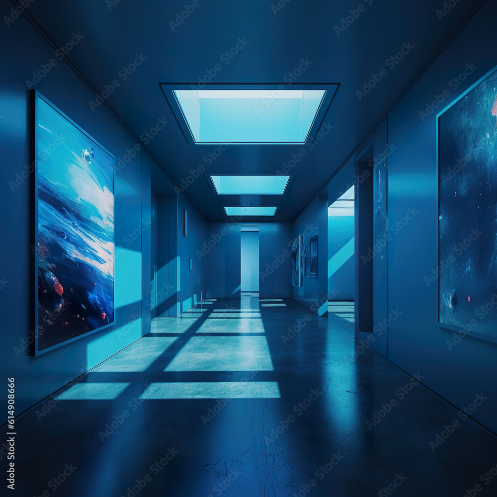 AI digital art in a minimalist style featuring a long, narrow view of an all-blue room with an oil painting at the far end. Blue pantone decor in empty hall. Realistic 3D illustration. Generative AI AI digital art in a minimalist style featuring a long, narrow view of an all-blue room with an oil painting at the far end. Blue pantone decor in empty hall. Realistic 3D illustration. Generative AI