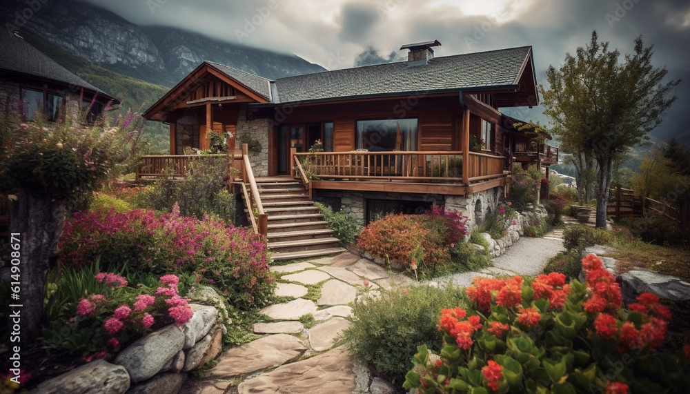 Rustic log cabin nestled in idyllic mountain landscape, perfect vacation spot generated by AI