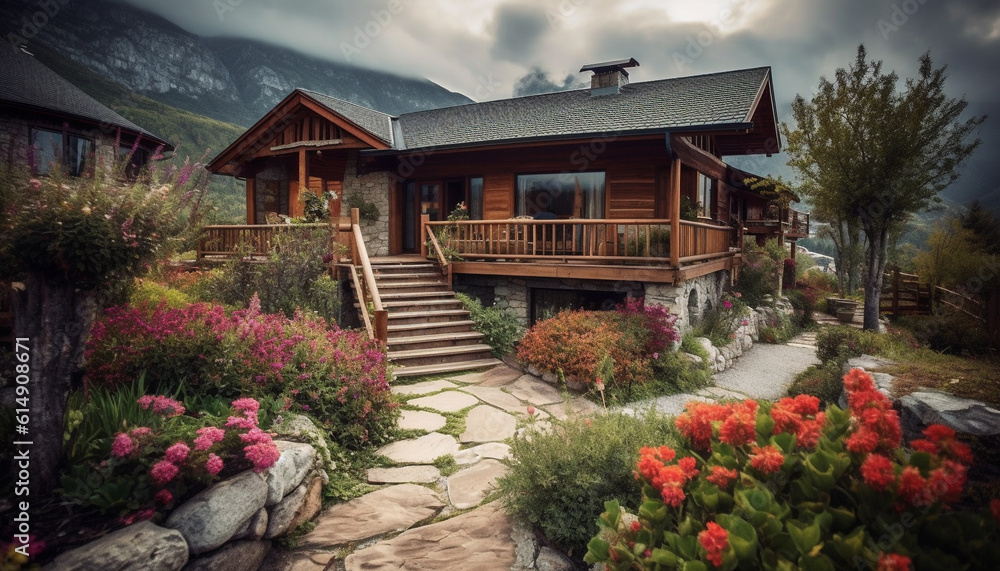Fototapeta premium Rustic log cabin nestled in idyllic mountain landscape, perfect vacation spot generated by AI
