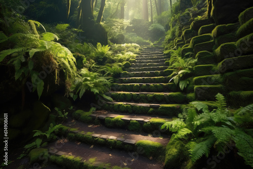 The Way Forward Through a Forest of Steps. A low angle view of a peaceful day in the forest. Generative AI.