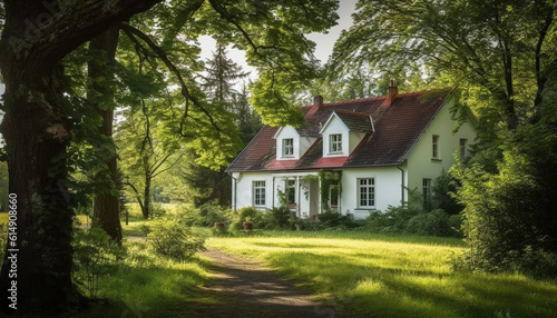 The old cottage in the forest exudes tranquility and history generated by AI