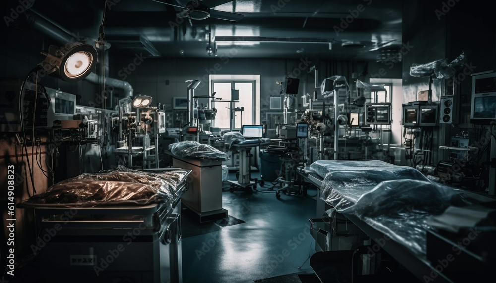 Modern healthcare equipment illuminates the empty surgery room with metallic tools generated by AI