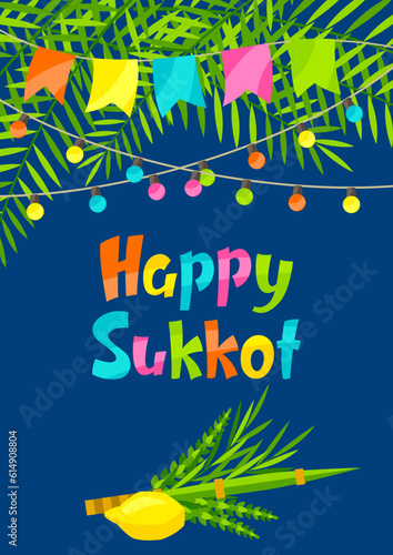 Happy Sukkot greeting card. Holiday background with Jewish festival traditional symbols.
