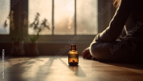 One woman holding bottle of aromatherapy oil for relaxation indoors generated by AI