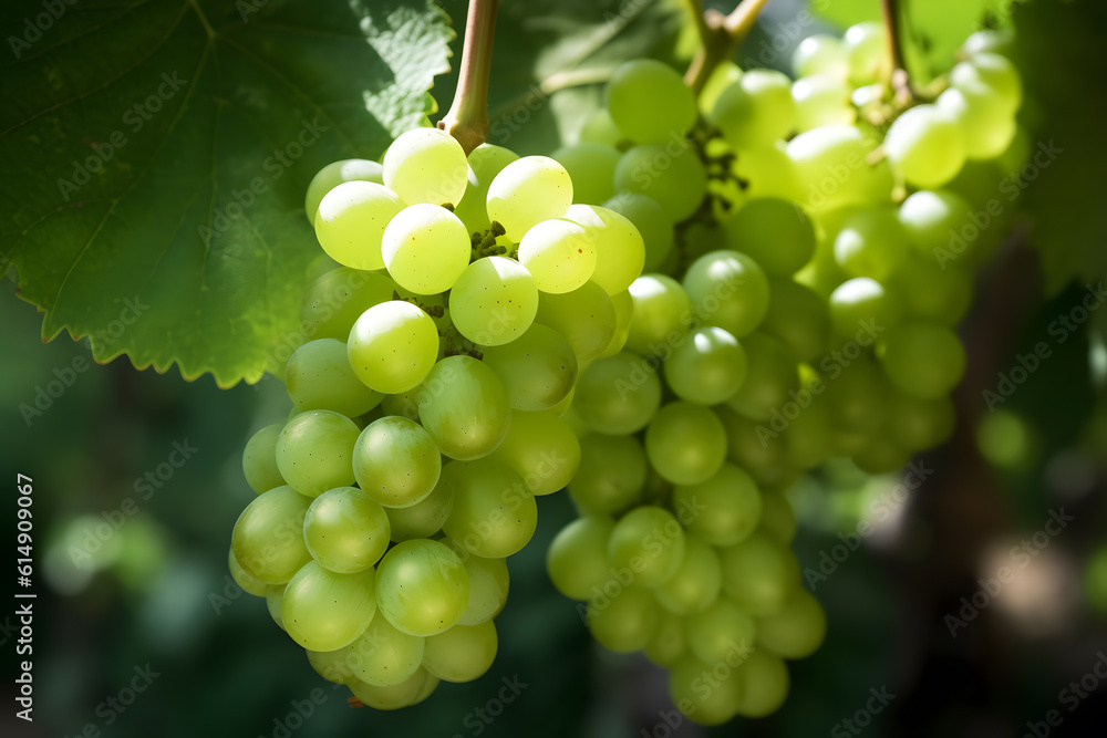 Green grapes hanging in vineyard, Generative AI Green grapes hanging in vineyard, Generative AI