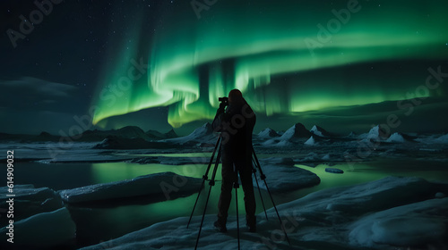 Let's Celebrate the World Photography Day - A photographer taking a photo of a Northern Lights epic landscape - AI Generativa