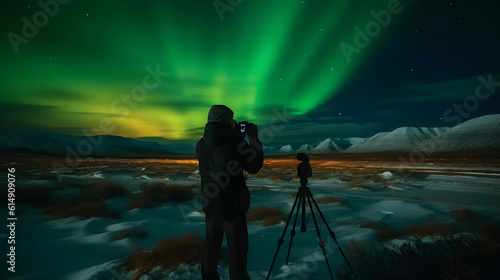 Let's Celebrate the World Photography Day - A photographer taking a photo of a Northern Lights epic landscape - AI Generativa