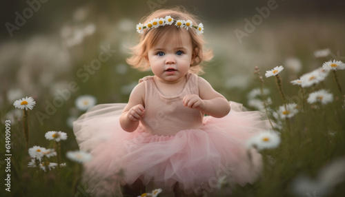 A playful toddler sitting in a meadow, surrounded by daisies generated by AI © Stockgiu