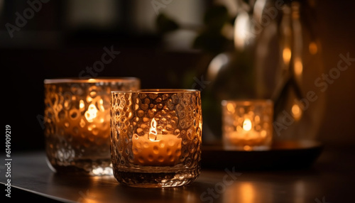 The glowing flame illuminates the elegant candlestick holder on table generated by AI