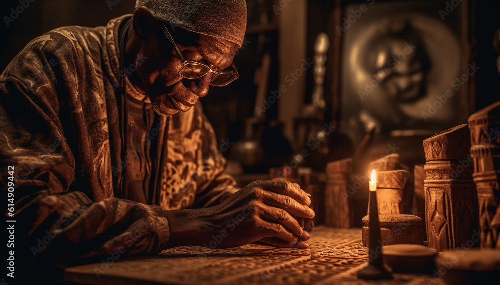 The senior man, holding a book, meditating on spirituality generated by AI The senior man, holding a book, meditating on spirituality generated by AI