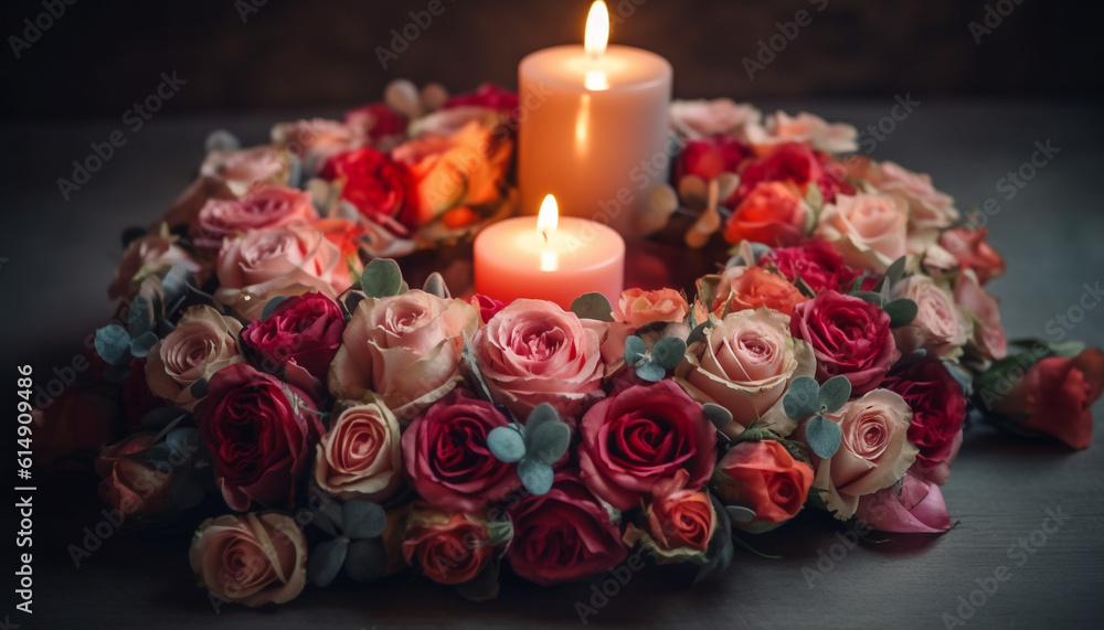 The burning candle illuminates the elegance of the pink arrangement generated by AI The burning candle illuminates the elegance of the pink arrangement generated by AI