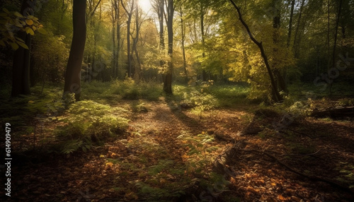 A tranquil autumn footpath, surrounded by vibrant wilderness colors generated by AI