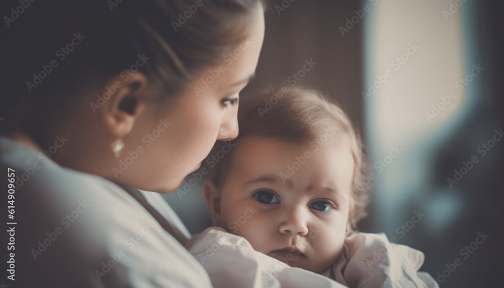 Happy family embraces newborn baby girl, surrounded by playful children generated by AI Happy family embraces newborn baby girl, surrounded by playful children generated by AI