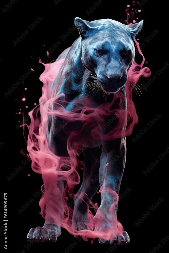 panther in dynamic movements in pink smoke. Generative ai